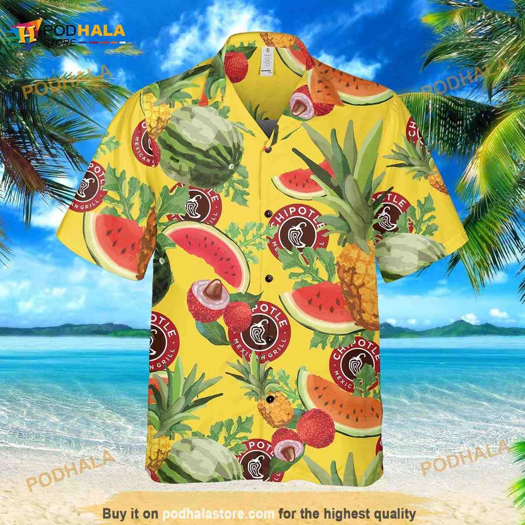 Chipotle Tropical Hawaiian Shirt With Vibrant Fruits And Playful Logos