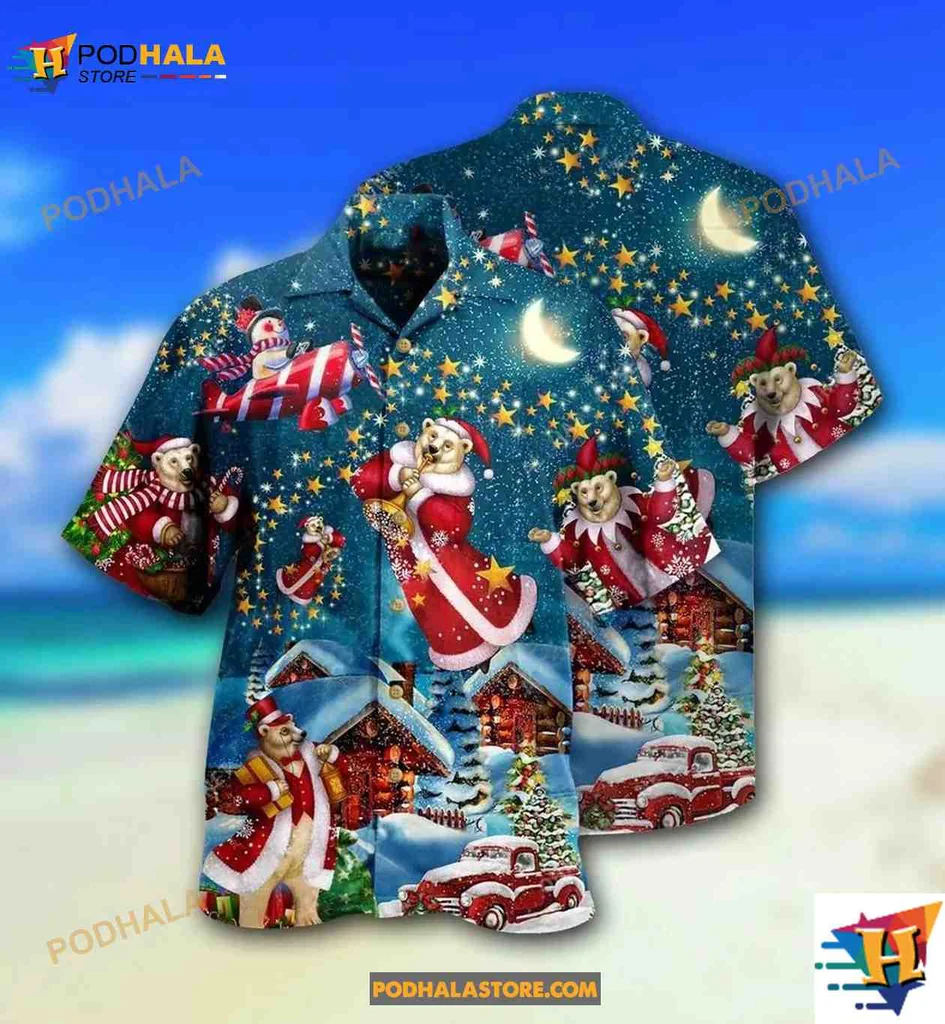 Christmas Bear Hawaiian Shirt Featuring Santa Claus And Festive Landscape
