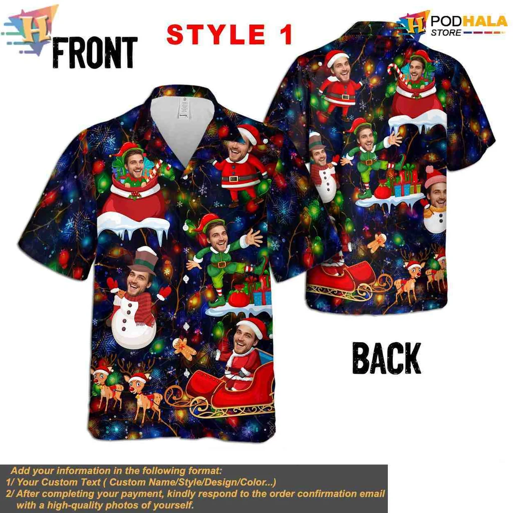 Christmas Cartoon Character Hawaiian Shirt With Santa Claus And Snowflakes