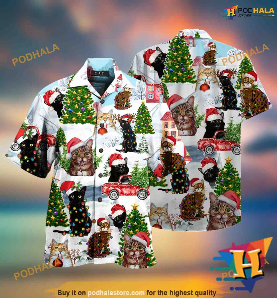 Christmas Cats Aloha Shirt With Santa Hats And Festive Designs