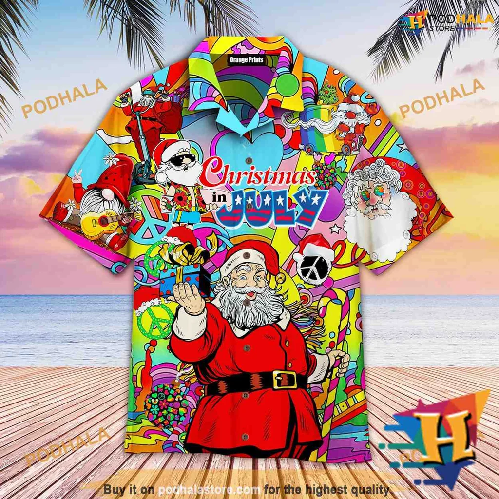 Christmas In July Hawaiian Shirt Featuring Whimsical Santa Design
