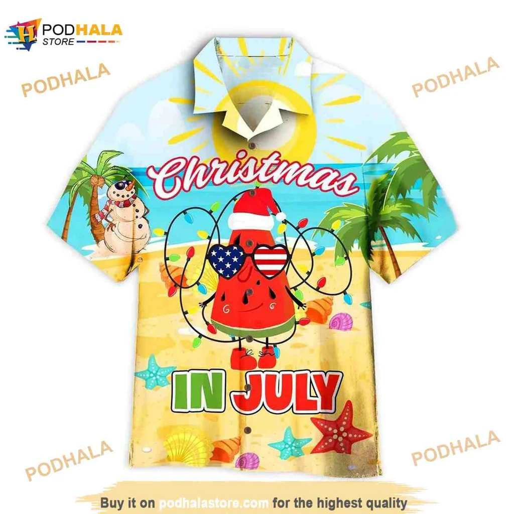 Christmas In July Watermelon Hawaiian Shirt With Santa Hat And Sunglasses