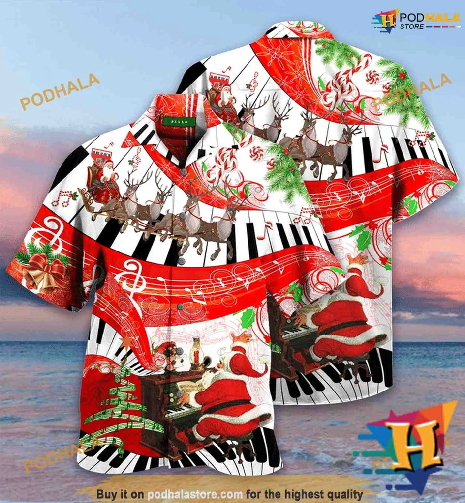 Christmas Piano Theme Hawaiian Shirt Featuring Santa And Reindeer