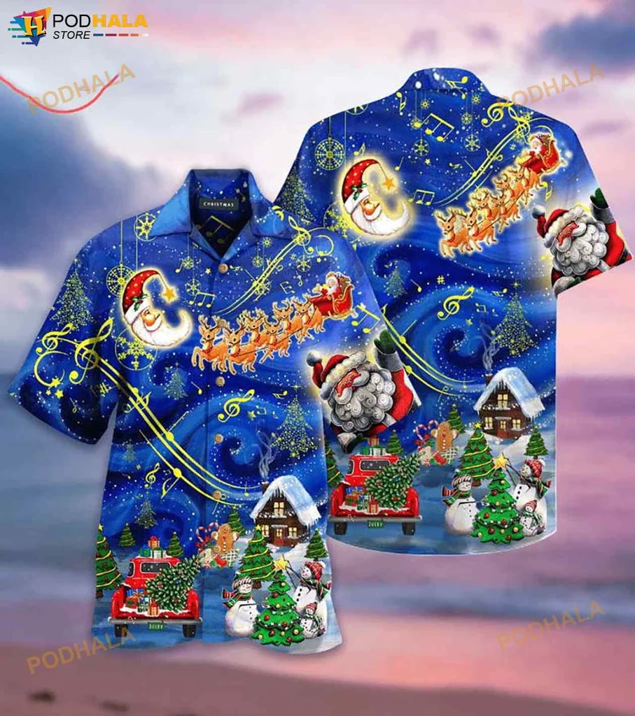 Christmas Santa Claus Hawaiian Shirt With Reindeer And Starry Night Design
