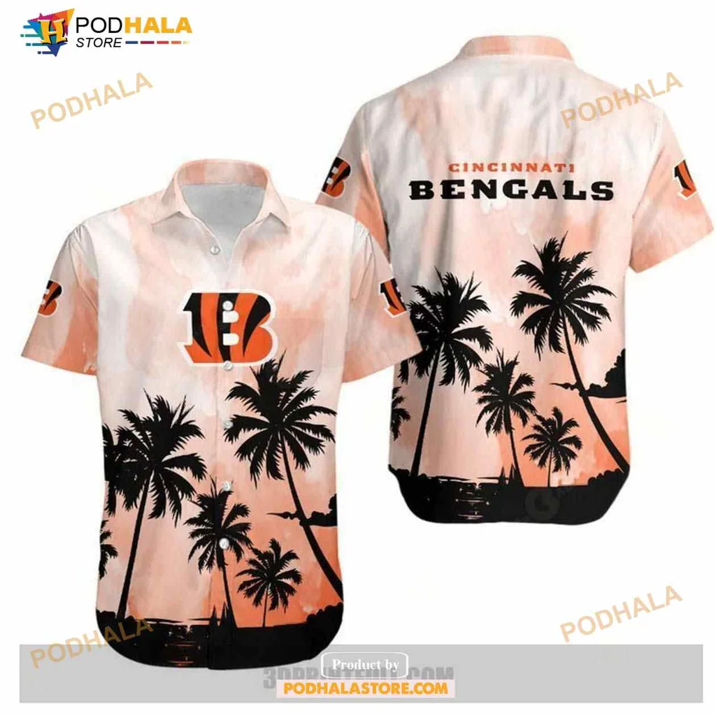 Cincinnati Bengals Aloha Shirt With Tropical Palm Trees And Sunset Design