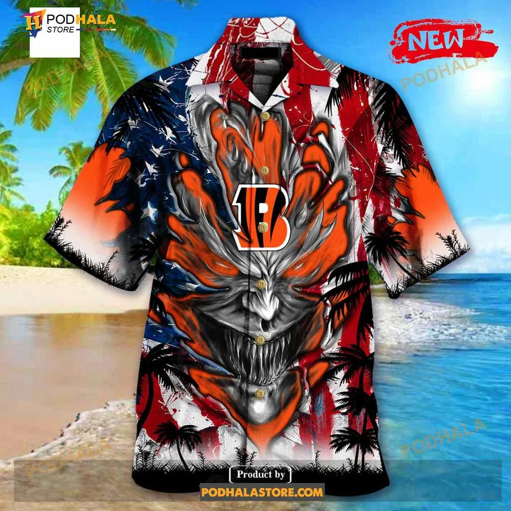 Cincinnati Bengals Demon Face Hawaiian Shirt With Distressed Us Flag Design