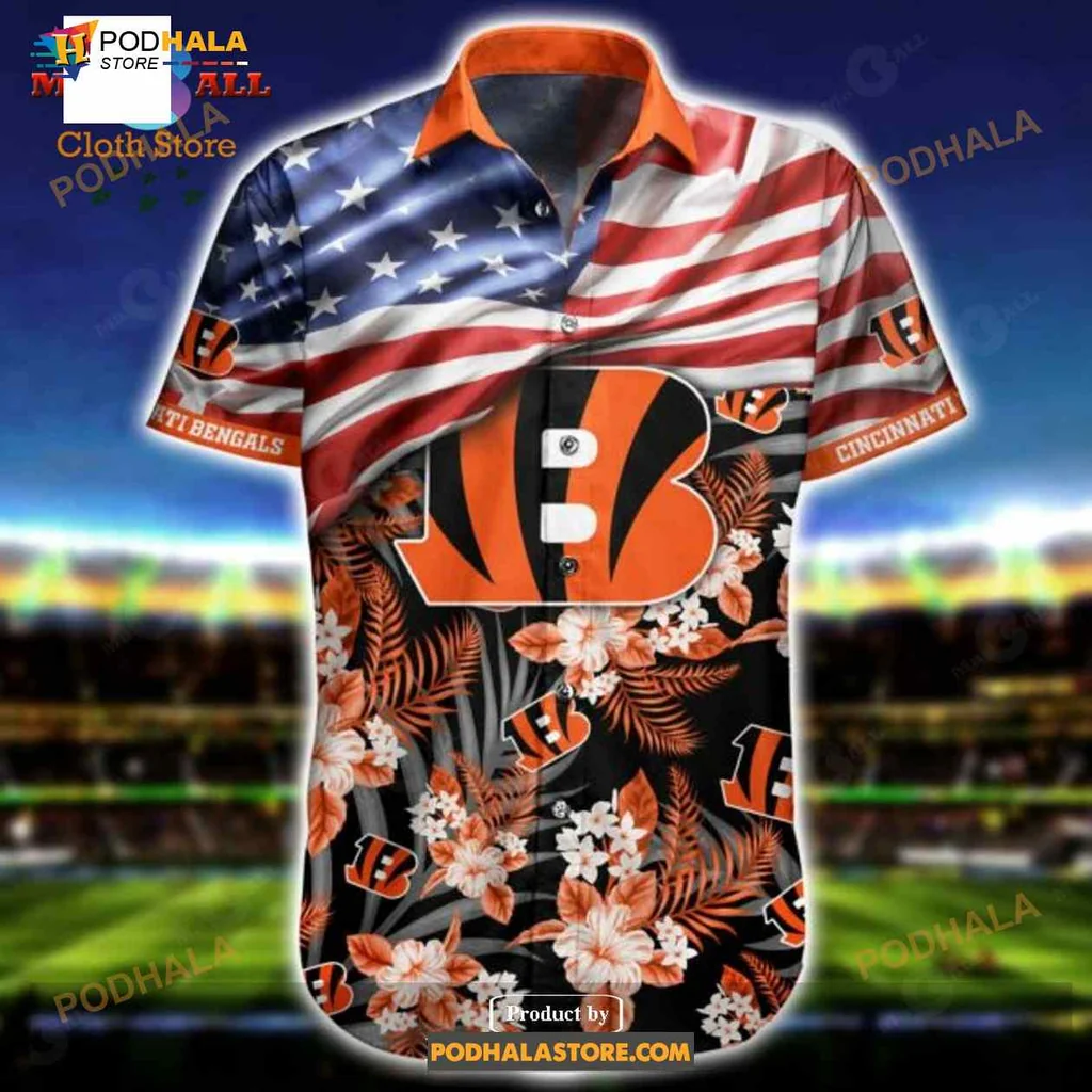 Cincinnati Bengals Fan Hawaiian Shirt With American Flag And Floral Design