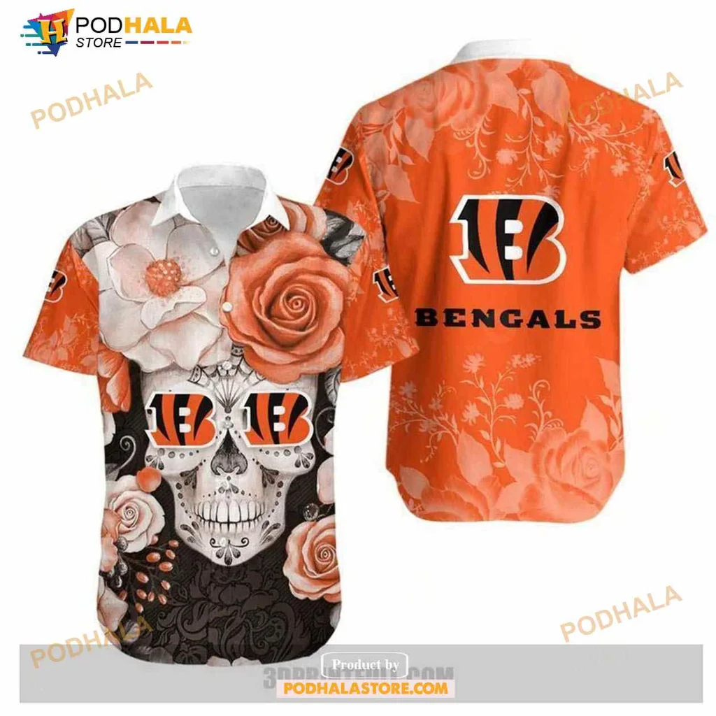 Cincinnati Bengals Floral Hawaiian Shirt With Skull And Roses Design
