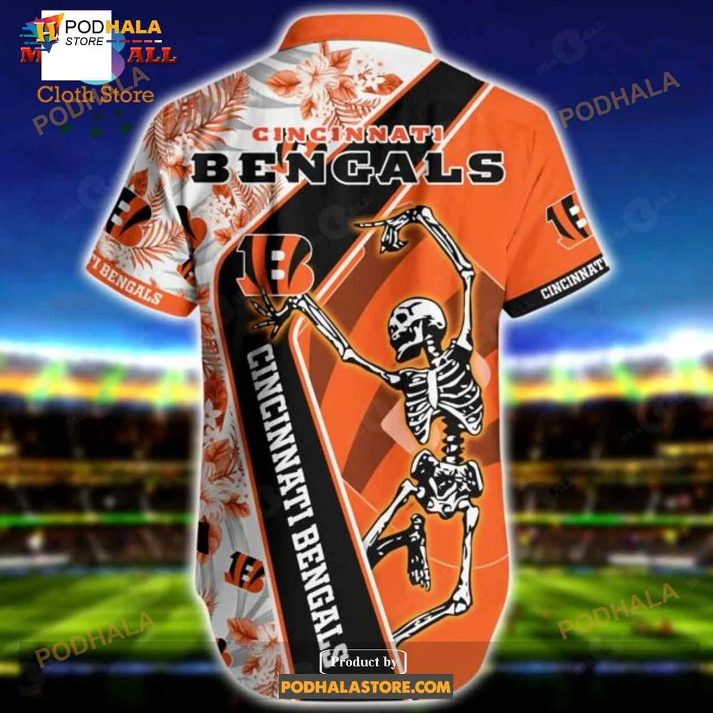 Cincinnati Bengals Funny Aloha Shirt Featuring Dancing Skeleton Design Cincinnati Bengals Funny Aloha Shirt Featuring Dancing Skeleton Design