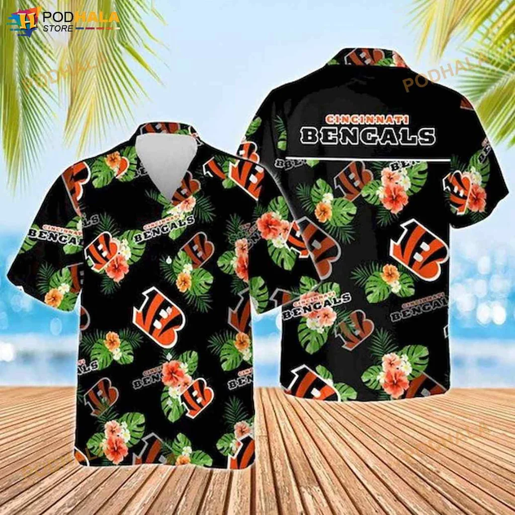Cincinnati Bengals Hawaiian Shirt Featuring Tropical Palm Leaves And Floral Design
