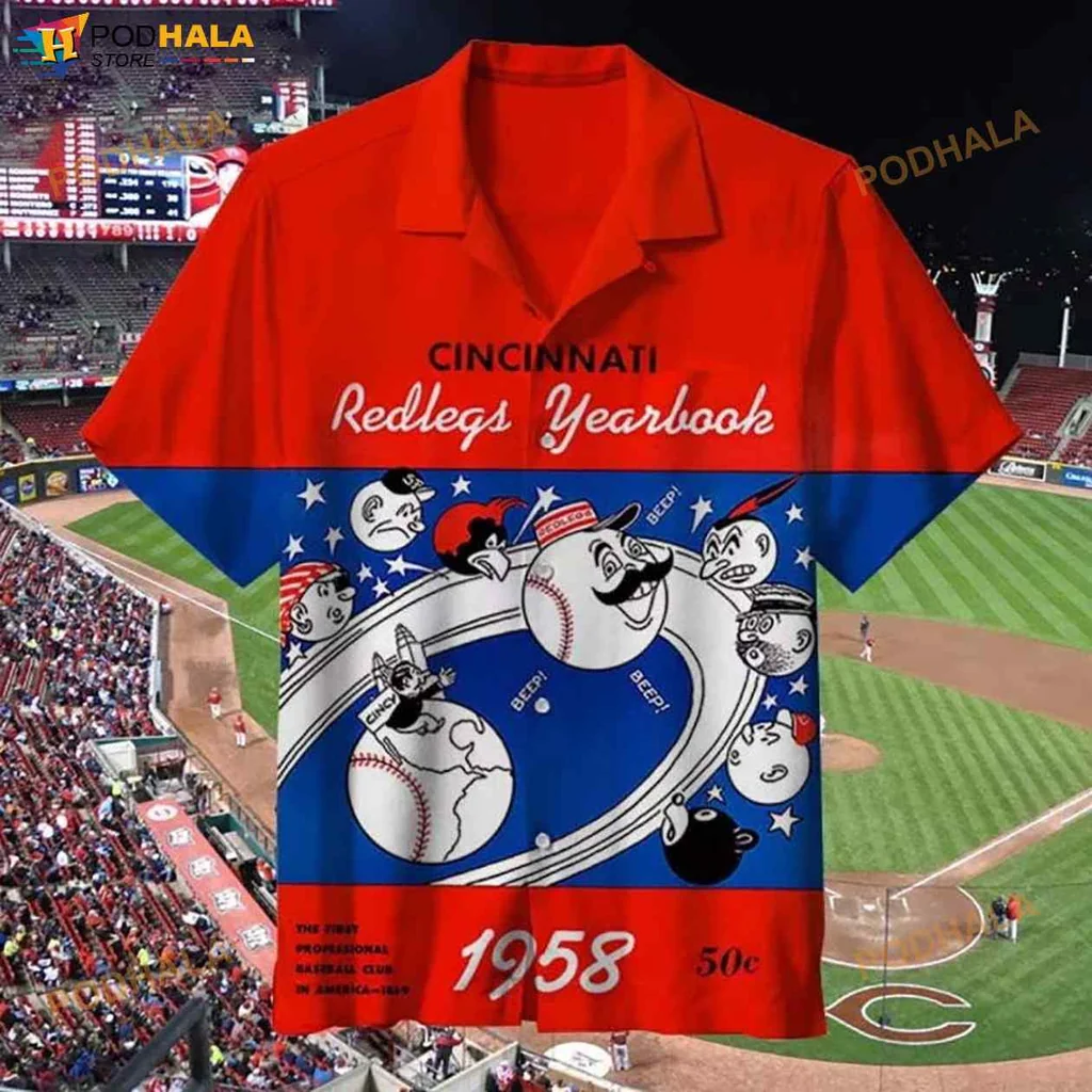 Cincinnati Reds Retro Hawaiian Shirt With Cartoon Baseballs And 1958 Design