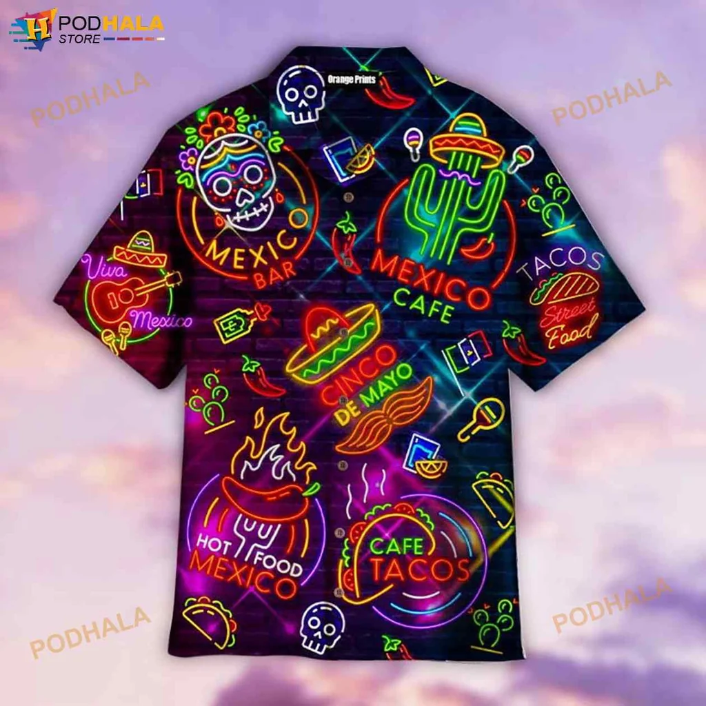 Cinco De Mayo Hawaiian Shirt With Neon Cactus And Taco Design