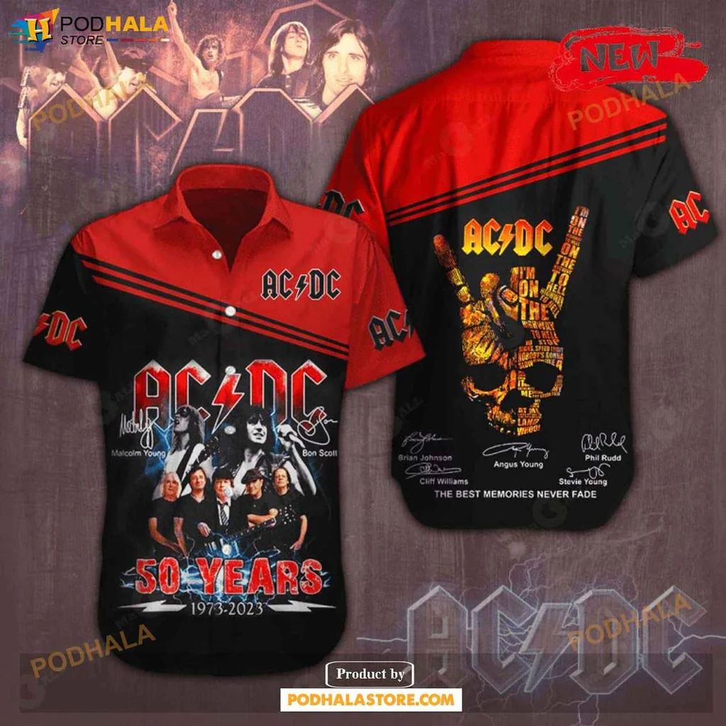 Classic Acdc Aloha Shirt, 50 Years Of Rock Memories Red Design Shirt