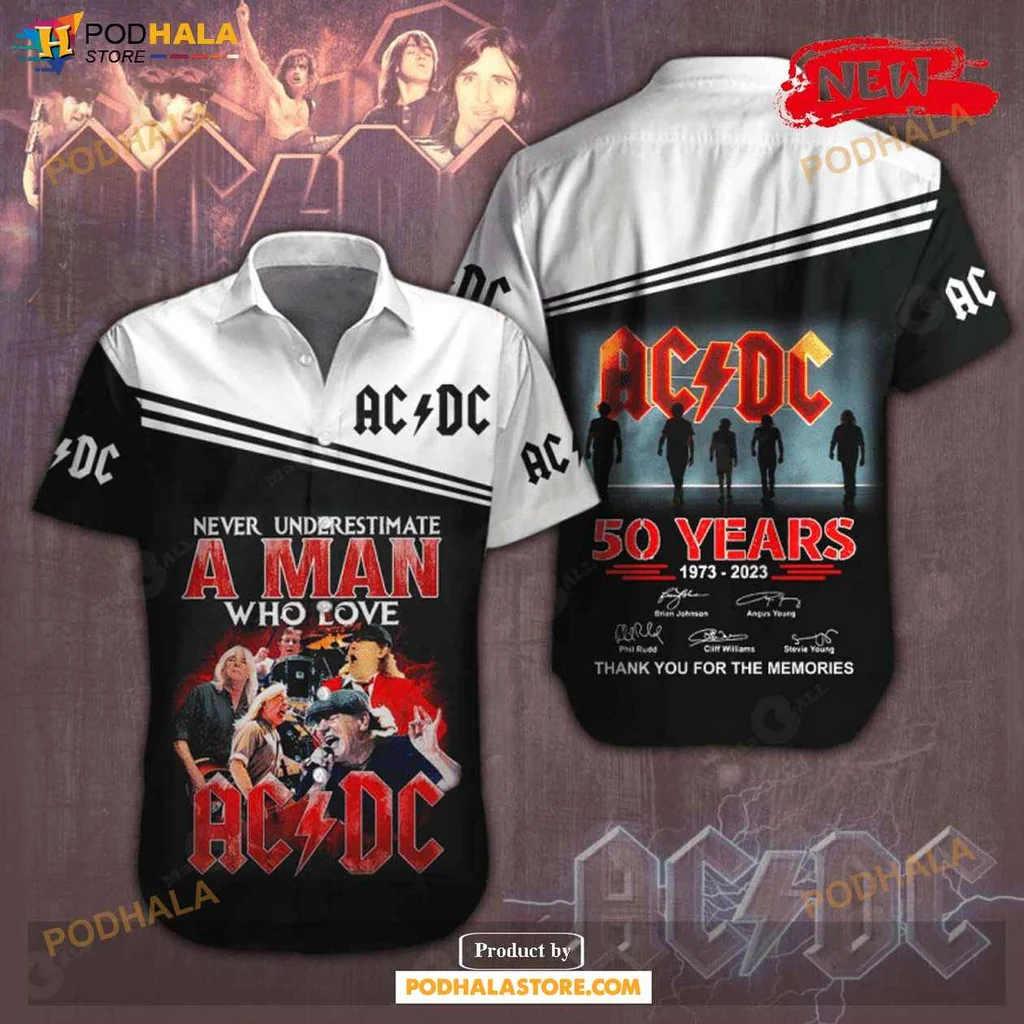 Classic Acdc Aloha Shirt, Never Underestimate A Man Who Loves Rock Music Design