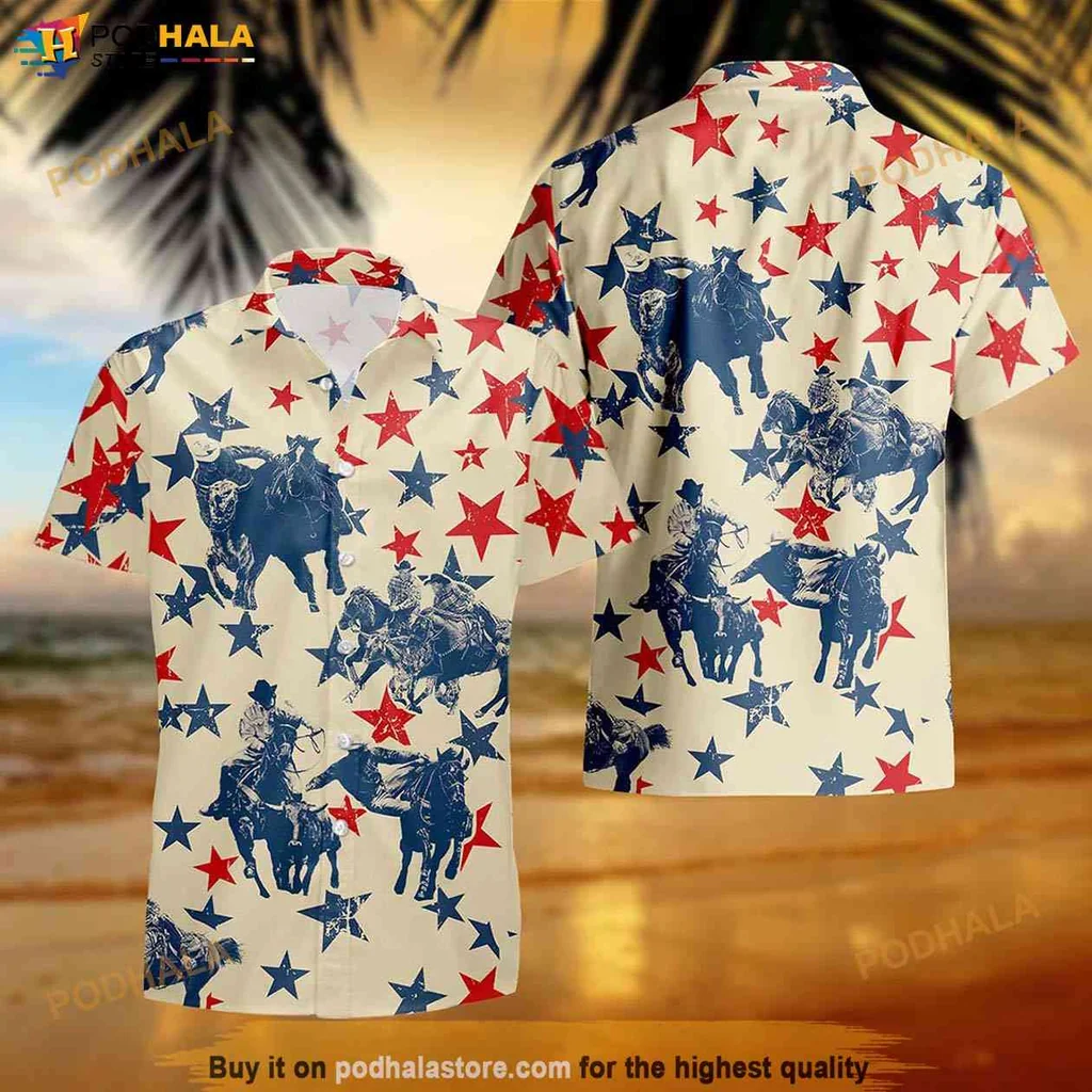 Classic Cowboy Patriotic Hawaiian Shirt, American Flag Tropical Summer Shirt