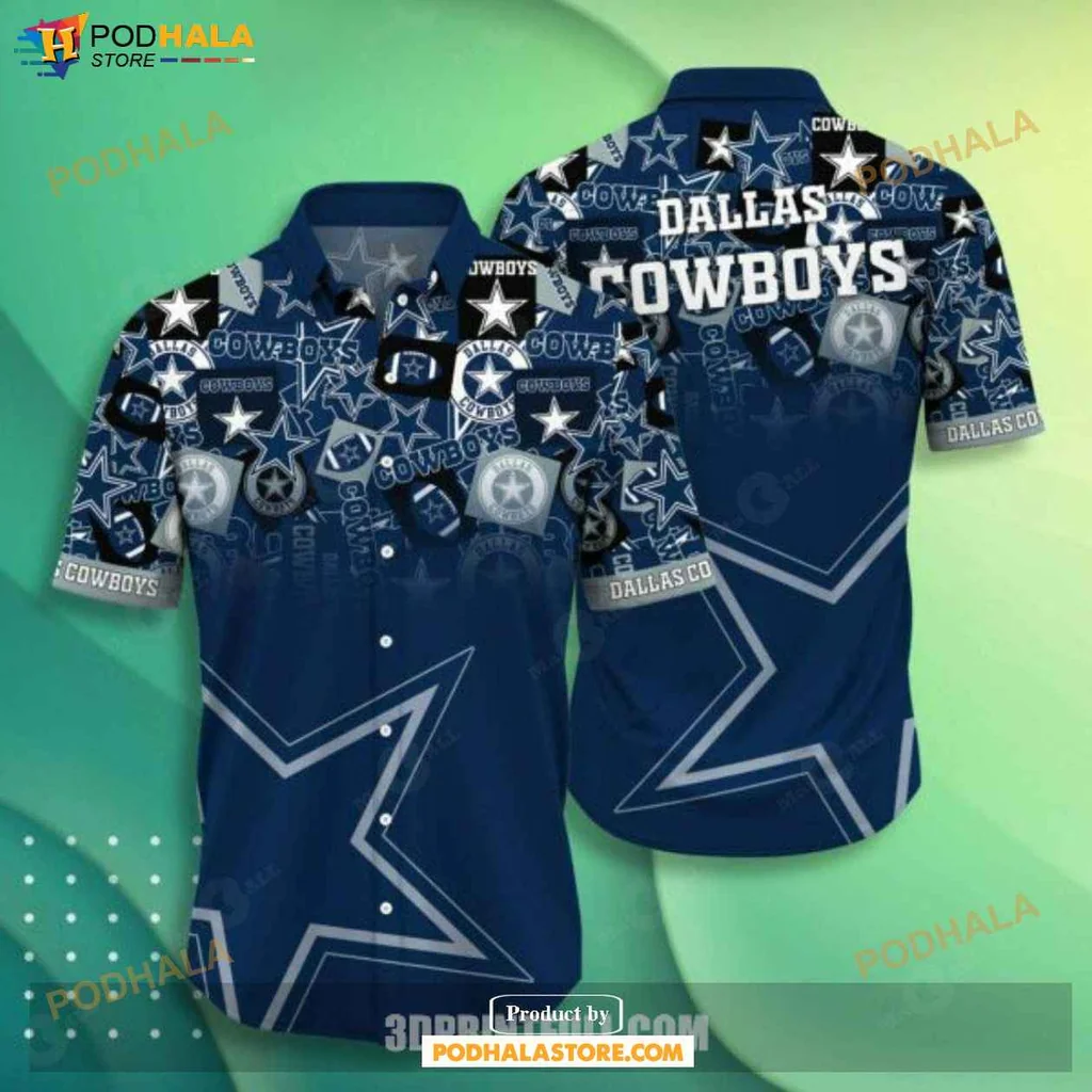 Classic Dallas Cowboys Hawaiian Shirt, Navy Blue And White Team Design With Stars