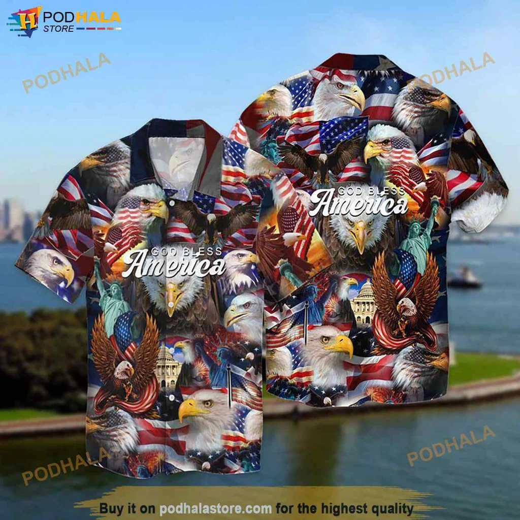 Classic Eagle Hawaiian Shirt, God Bless America Funny 4th Of July Tee