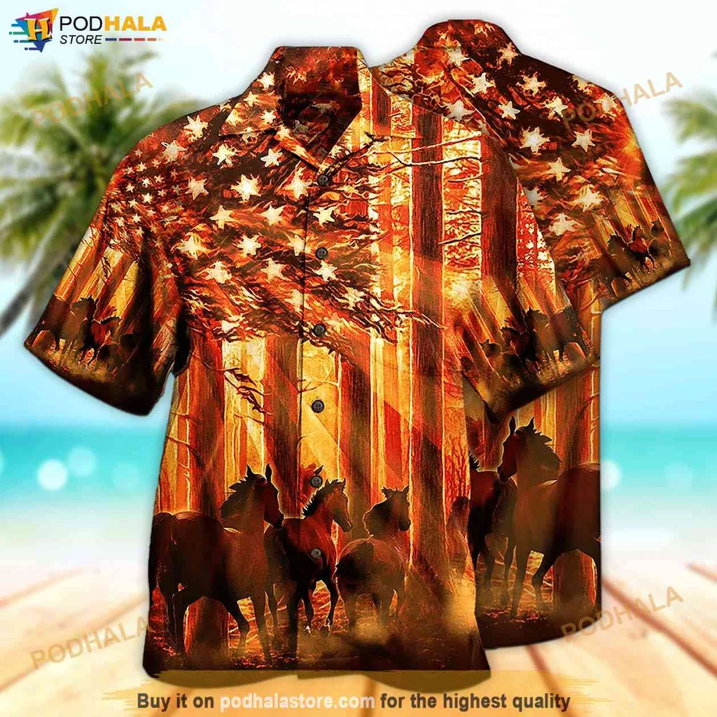 Classic Horse Lover Hawaiian Shirt, Vibrant American Flag Design With Horses