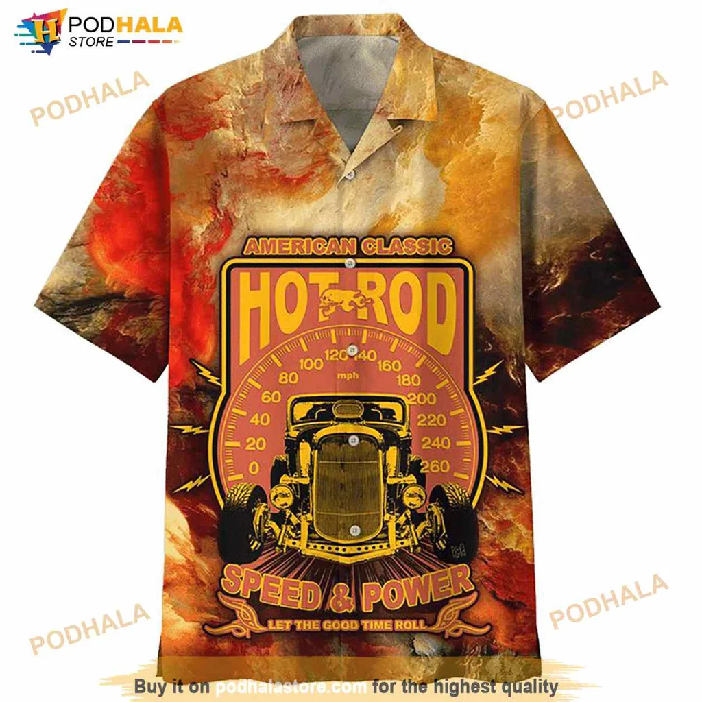 Classic Hot Rod Hawaiian Shirt Featuring Speed And Power Design