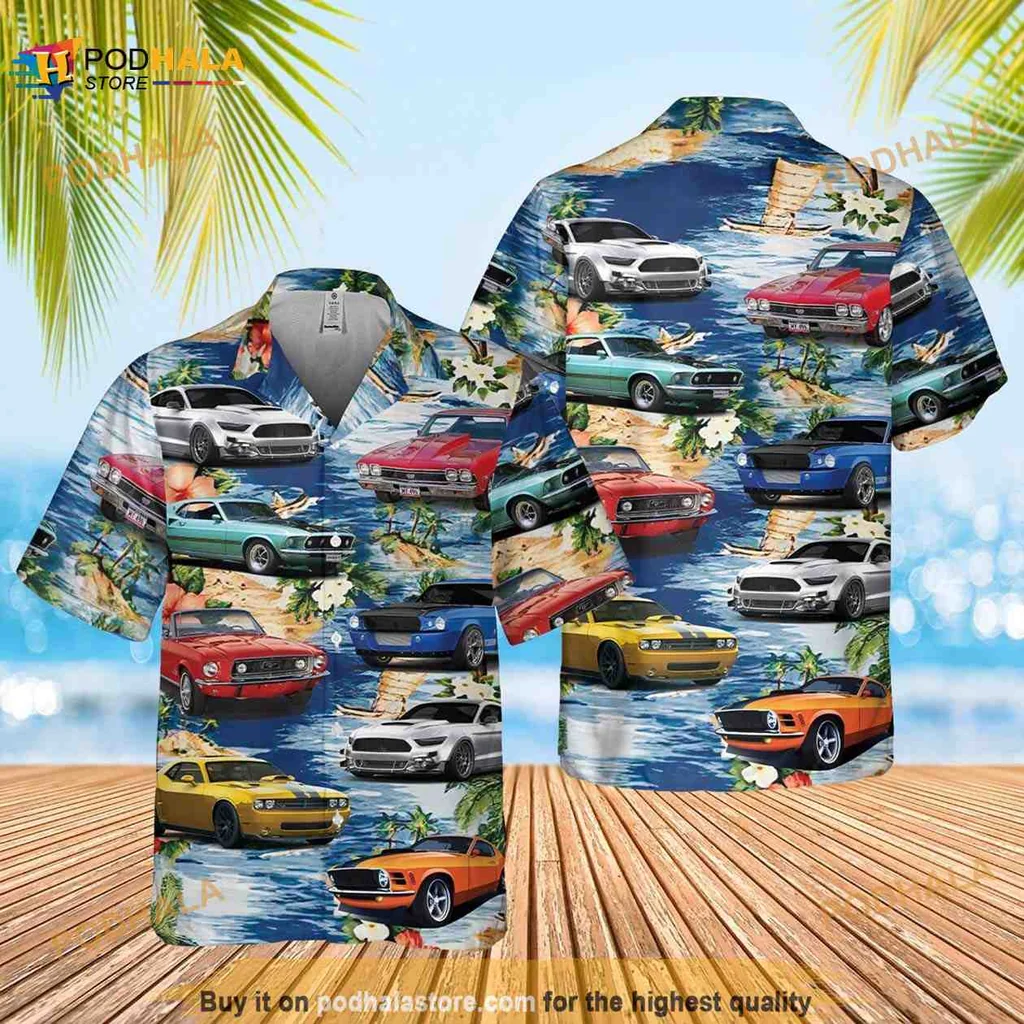 Classic Muscle Car Hawaiian Shirt Featuring Vibrant Tropical Print