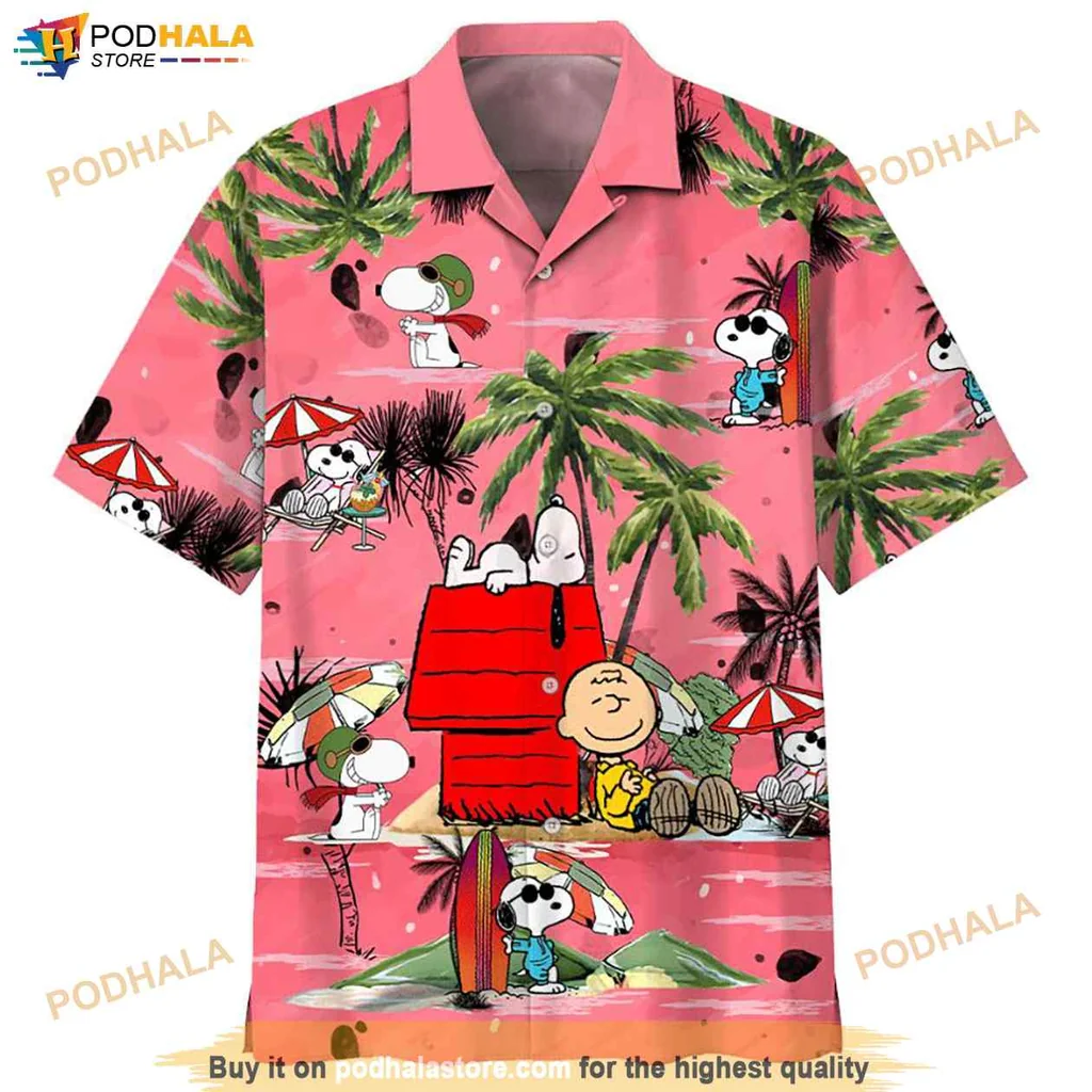 Classic Peanuts Character Hawaiian Shirt Snoopy Charlie Brown Summer Pink Design