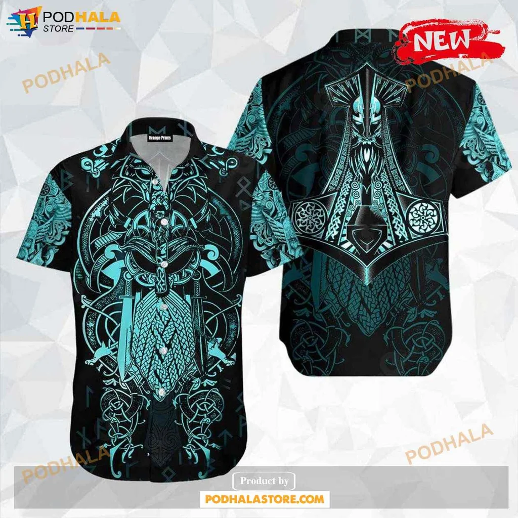 Classic Raven Hawaiian Shirt, Odin Inspired Blue Design For Summer Style