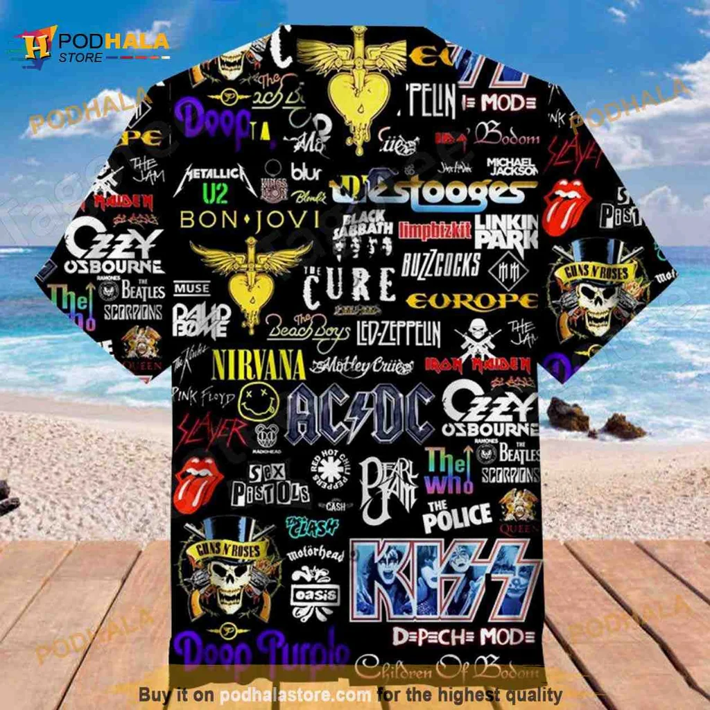Classic Rock Band Logos Hawaiian Shirt With Vibrant Collage Design