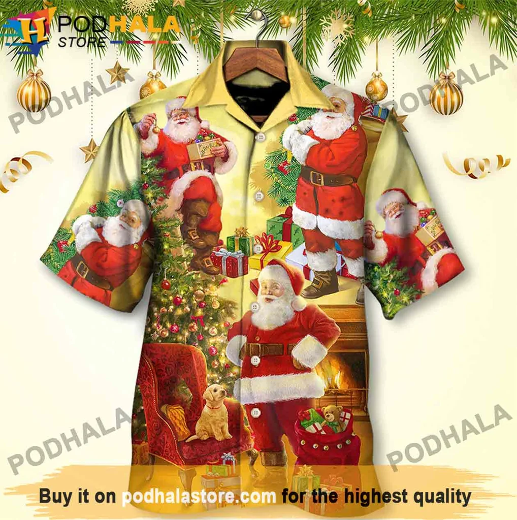 Classic Santa Claus Hawaiian Shirt, Festive Christmas Tree Design, Holiday Gift