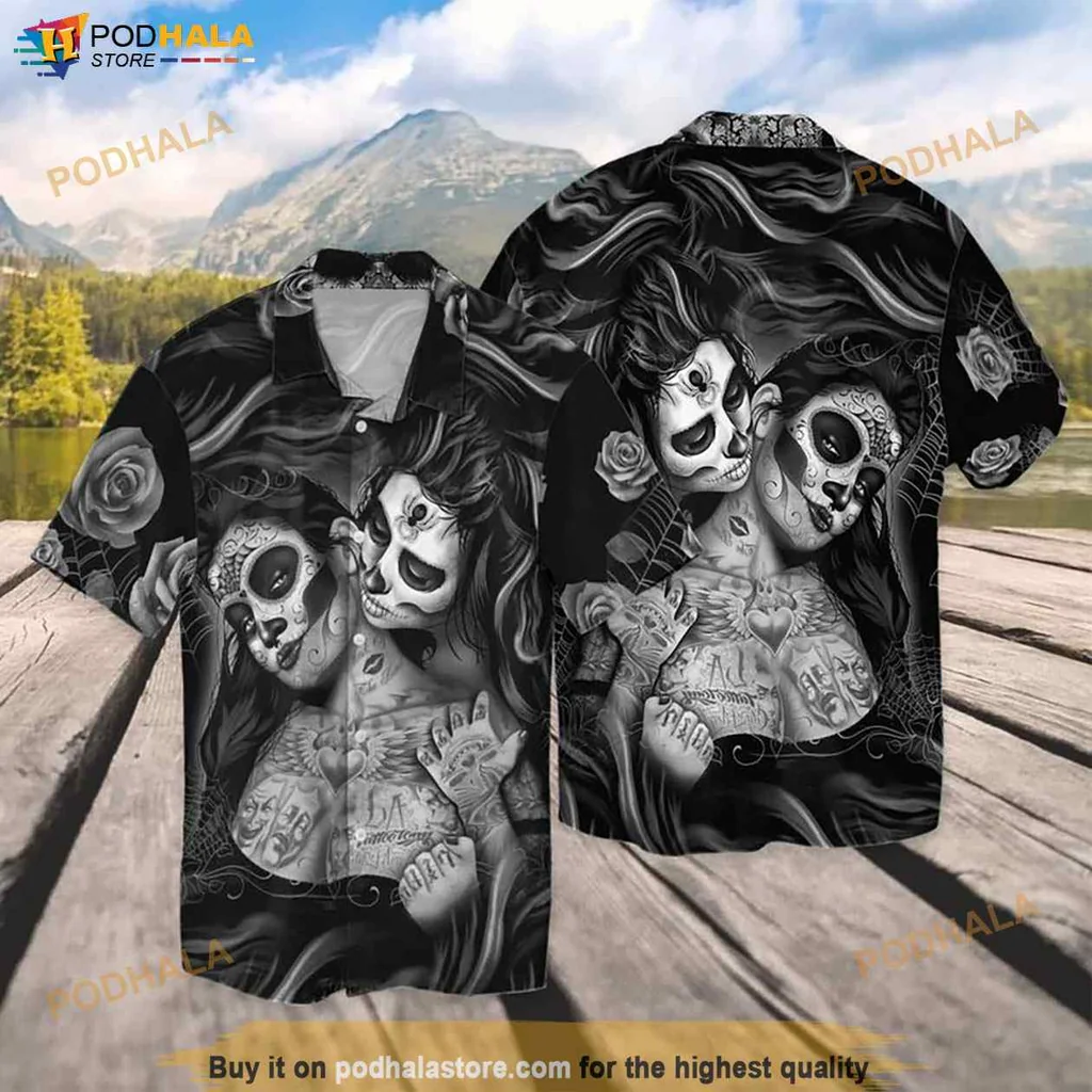 Classic Skull Sugar Hawaiian Shirt, Día De Los Muertos Tattoo Design For Men