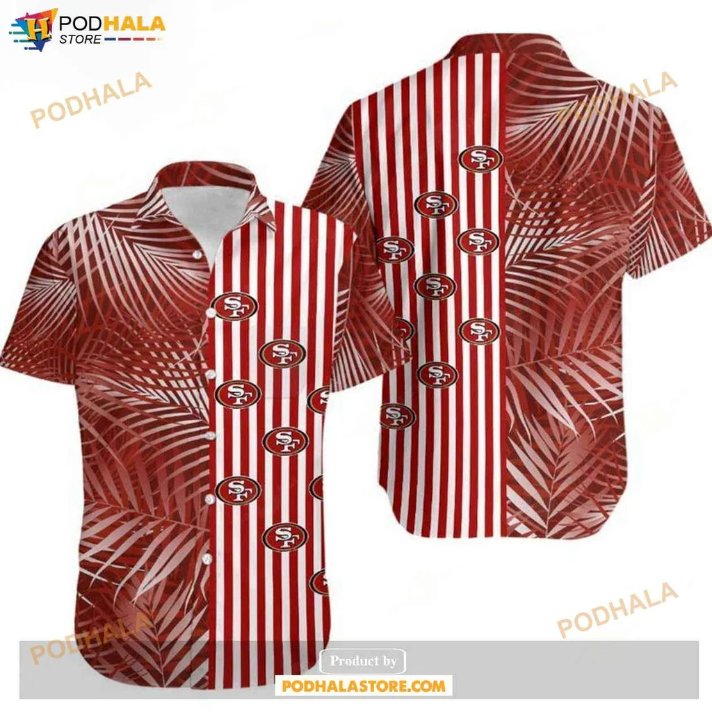 Classic Tropical 49ers Hawaiian Shirt, Red Palm Leaves And Stripes Design For Fans