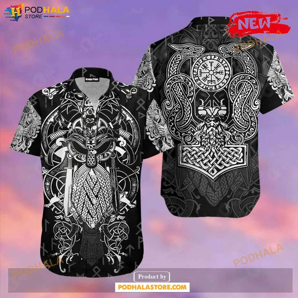 Classic Viking Culture Hawaiian Shirt, Intricate Black And White Norse Design