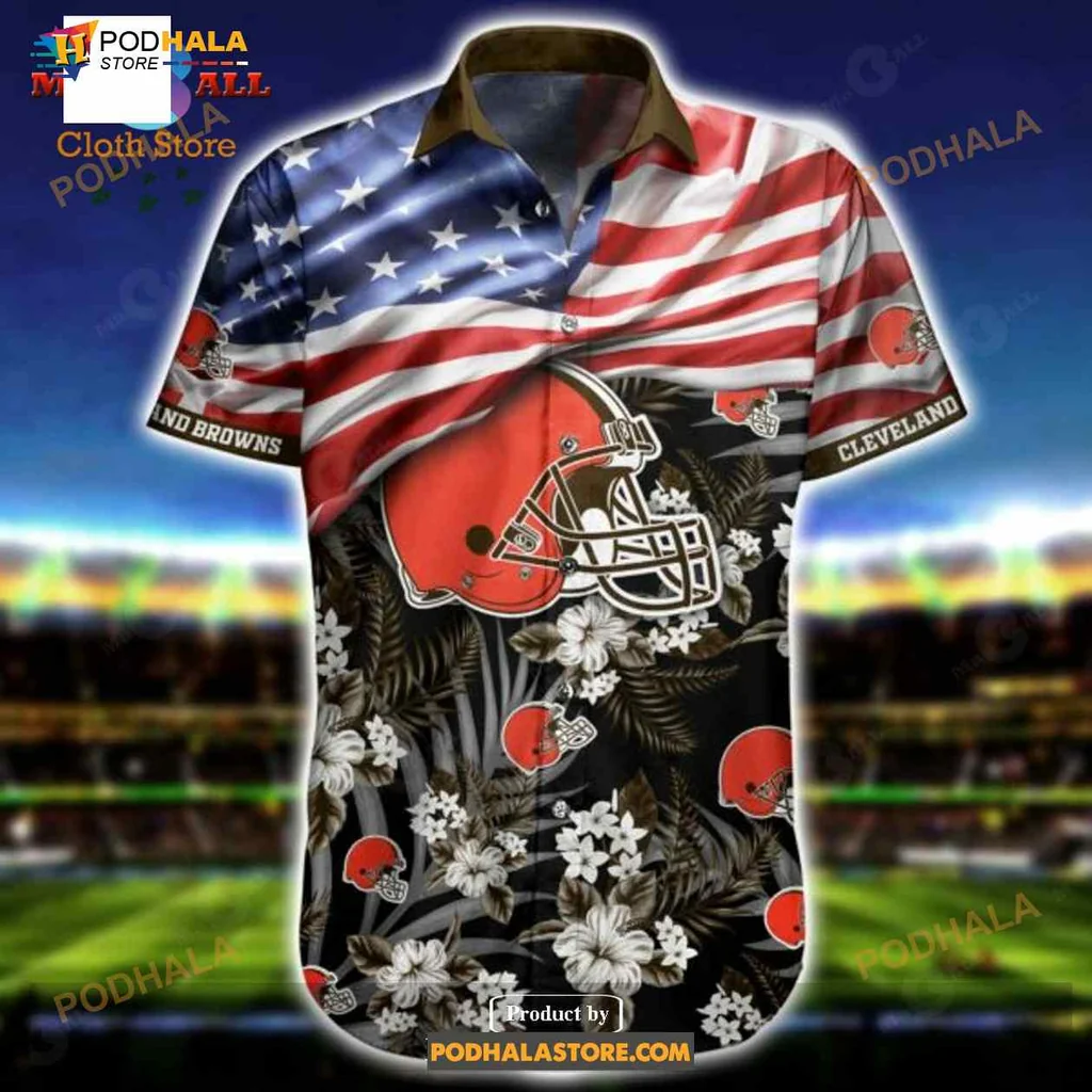 Cleveland Browns American Flag Hawaiian Shirt With Floral Design