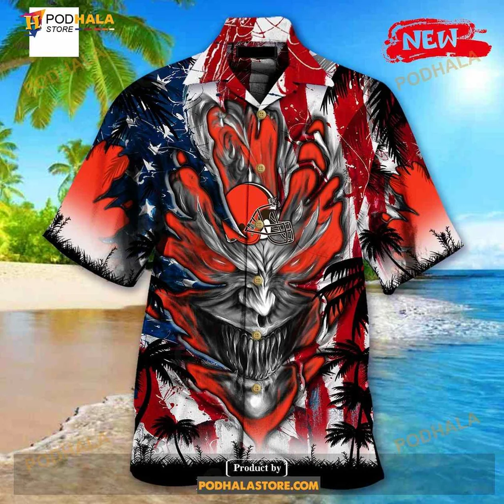 Cleveland Browns Demon Face Hawaiian Shirt With Us Flag Design