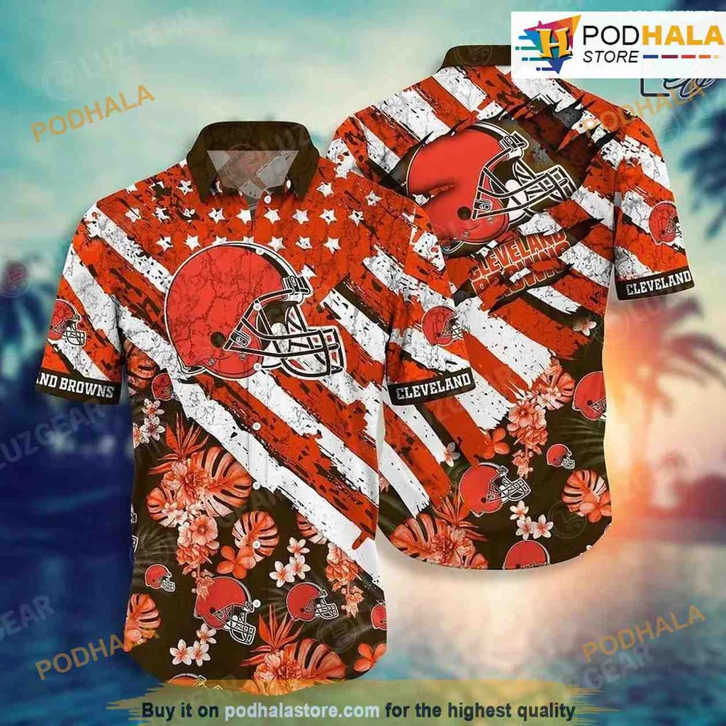 Cleveland Browns Floral Hawaiian Shirt With American Flag Design