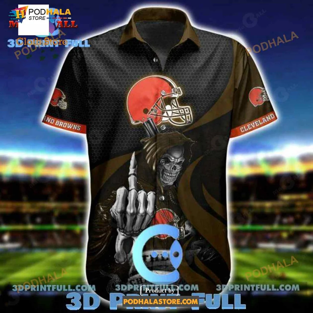 Cleveland Browns Funny Aloha Shirt With Skull Design Cleveland Browns Funny Aloha Shirt With Skull Design