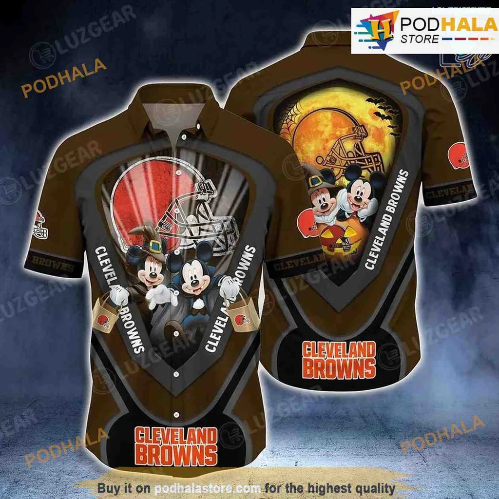 Cleveland Browns Halloween Hawaiian Shirt Featuring Mickey Mouse Design