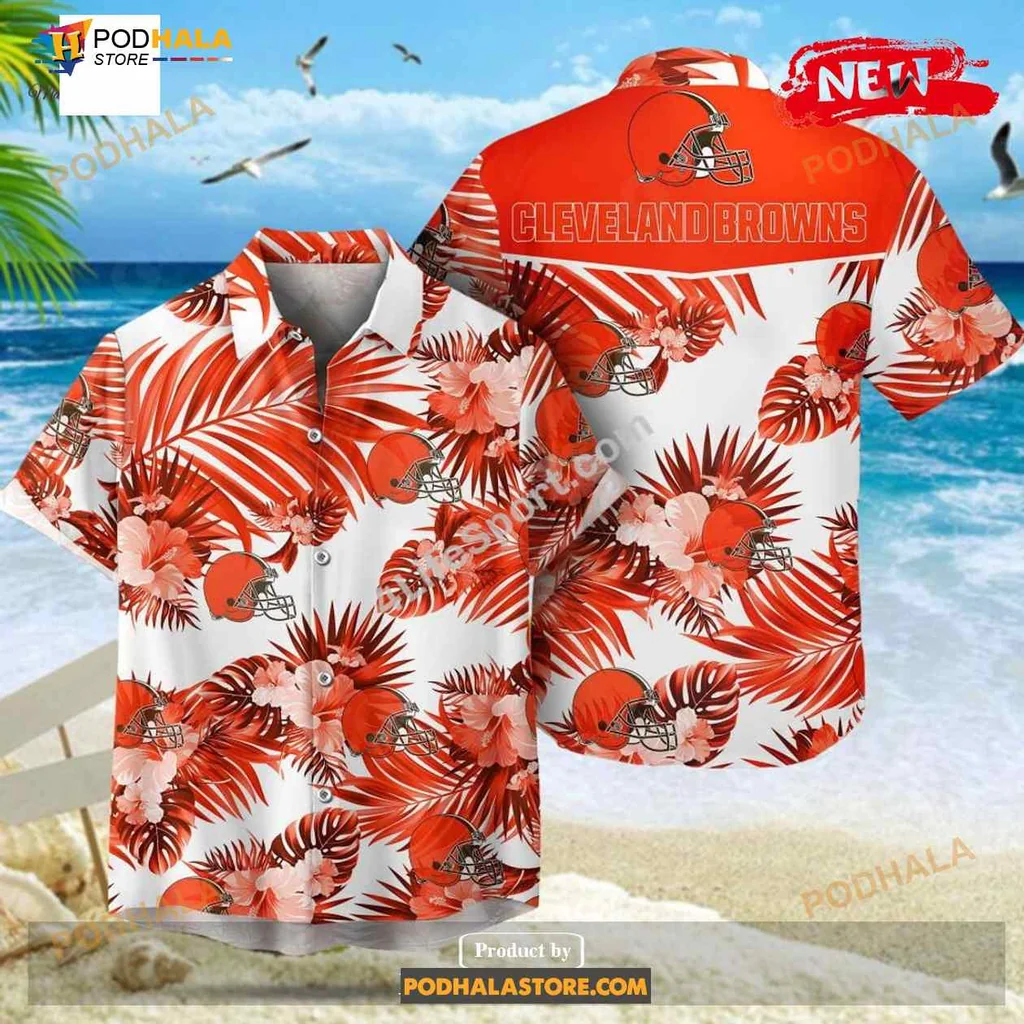 Cleveland Browns Hawaiian Shirt Featuring Palm Leaves And Beach Scene