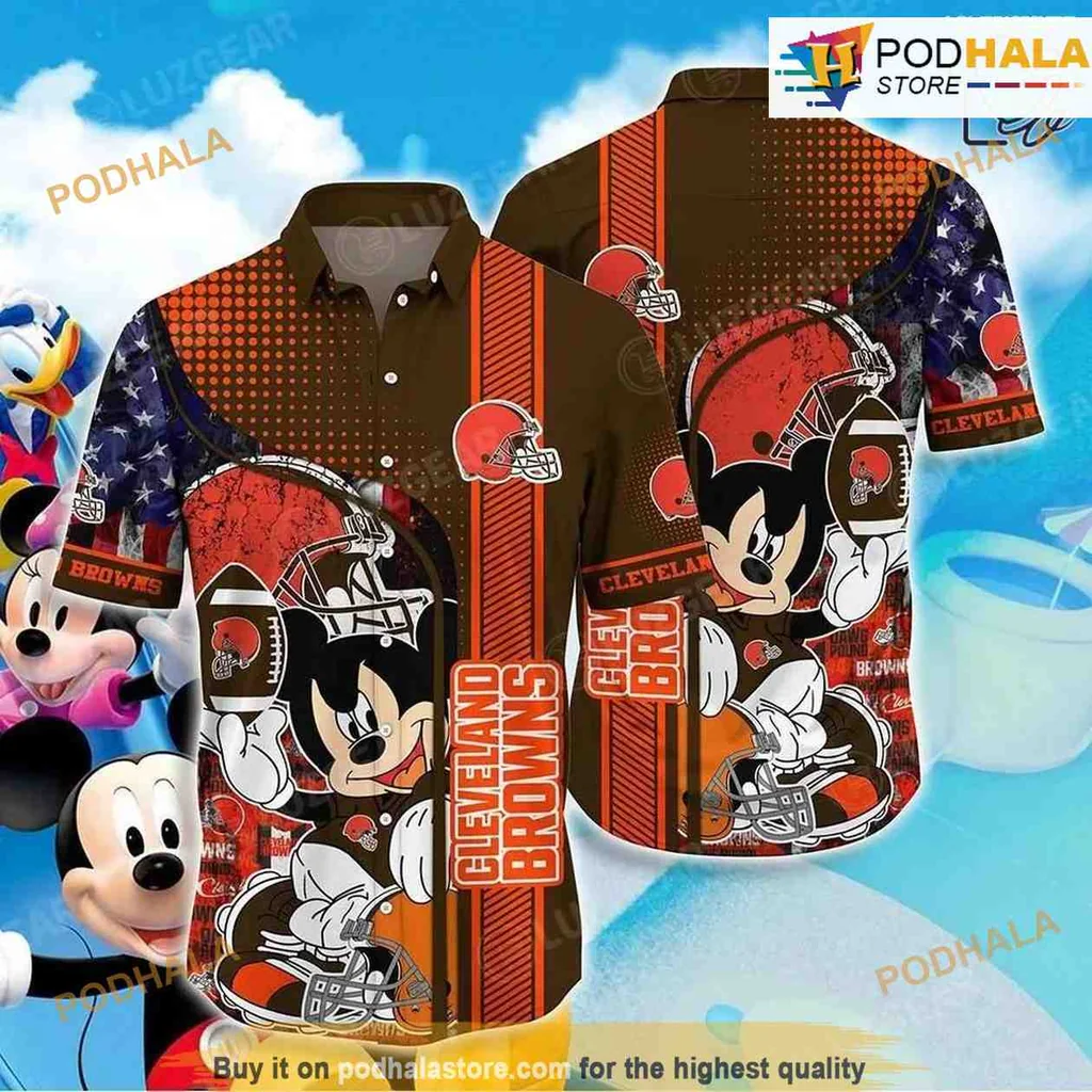 Cleveland Browns Mickey Mouse Hawaiian Shirt With American Flag Design