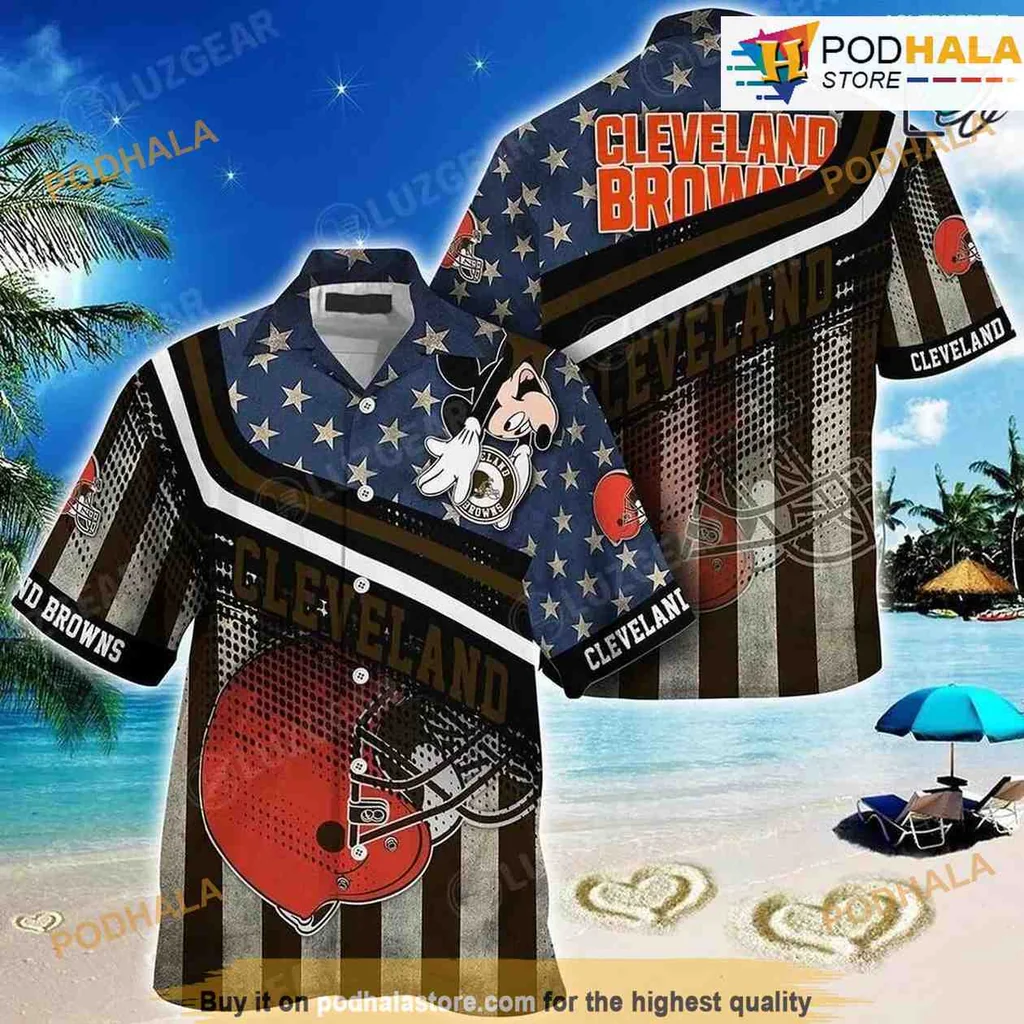 Cleveland Browns Nfl Hawaiian Shirt With Mickey American Flag Design