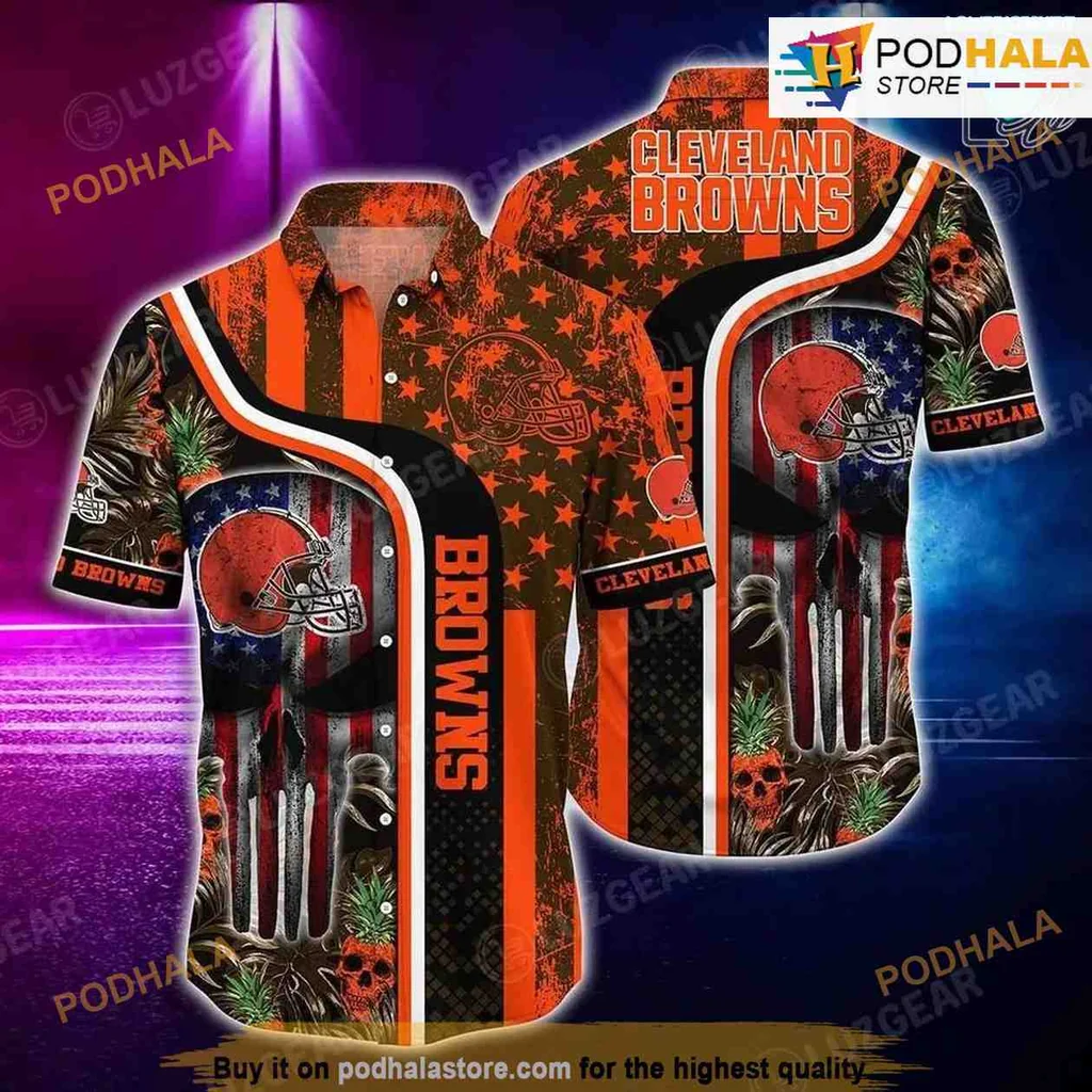 Cleveland Browns Nfl Hawaiian Shirt With Skull Design And Tropical Patterns