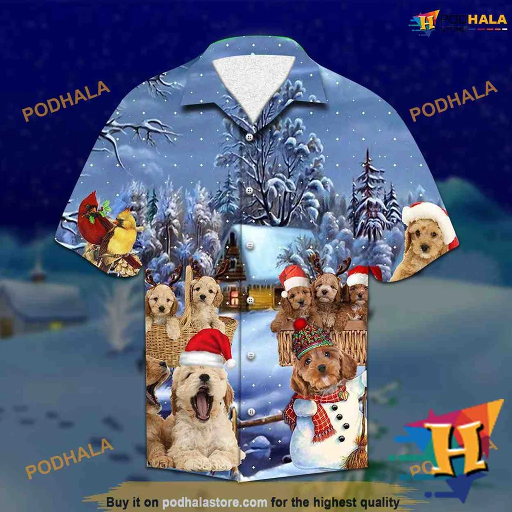 Cockapoo Dog Festive Hawaiian Shirt With Christmas Puppies