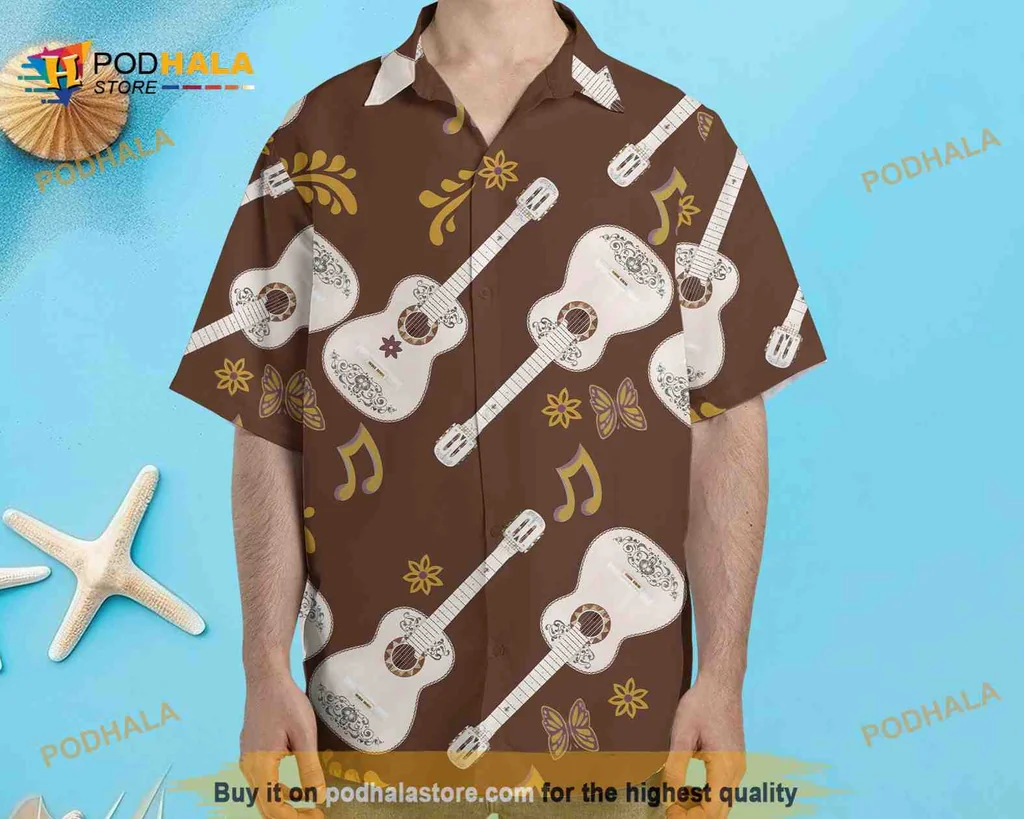 Coco Guitar Pattern Hawaiian Shirt With Musical Notes And Butterflies