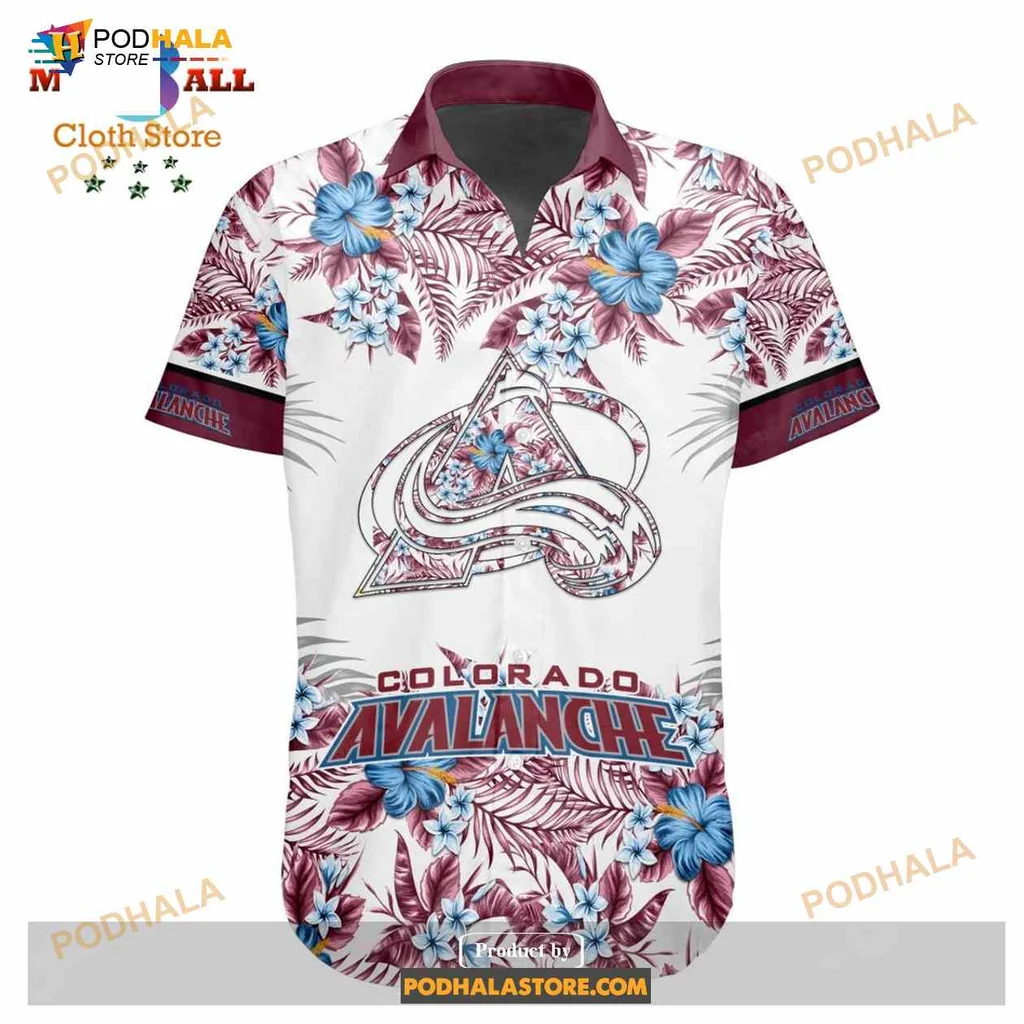 Colorado Avalanche Floral Aloha Shirt With Bright Blue And Pink Flowers Colorado Avalanche Floral Aloha Shirt With Bright Blue And Pink Flowers
