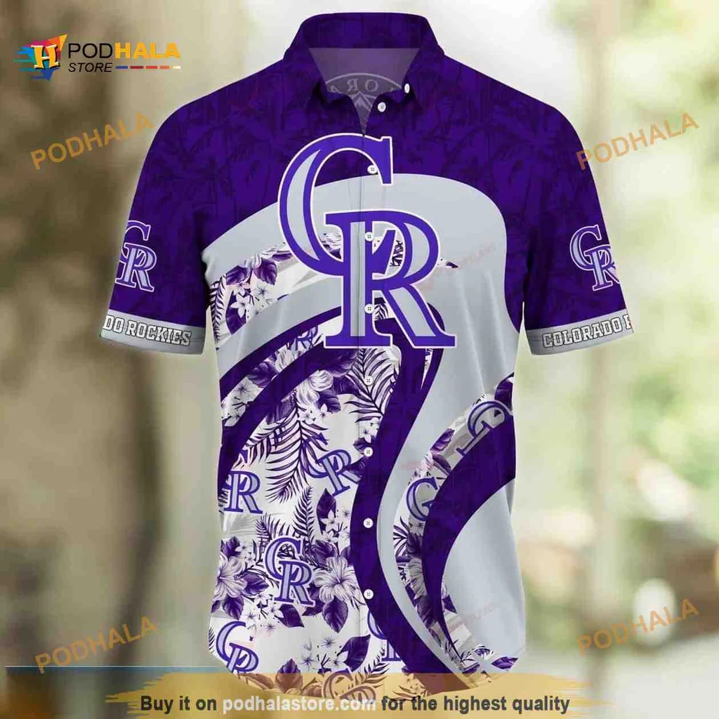 Colorado Rockies Hawaiian Shirt With Tropical Flowers And Purple Design