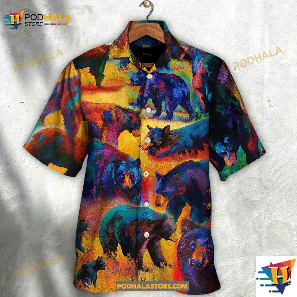 Colorful Bear Hawaiian Shirt, Vibrant Wildlife Design For Outdoor Lovers