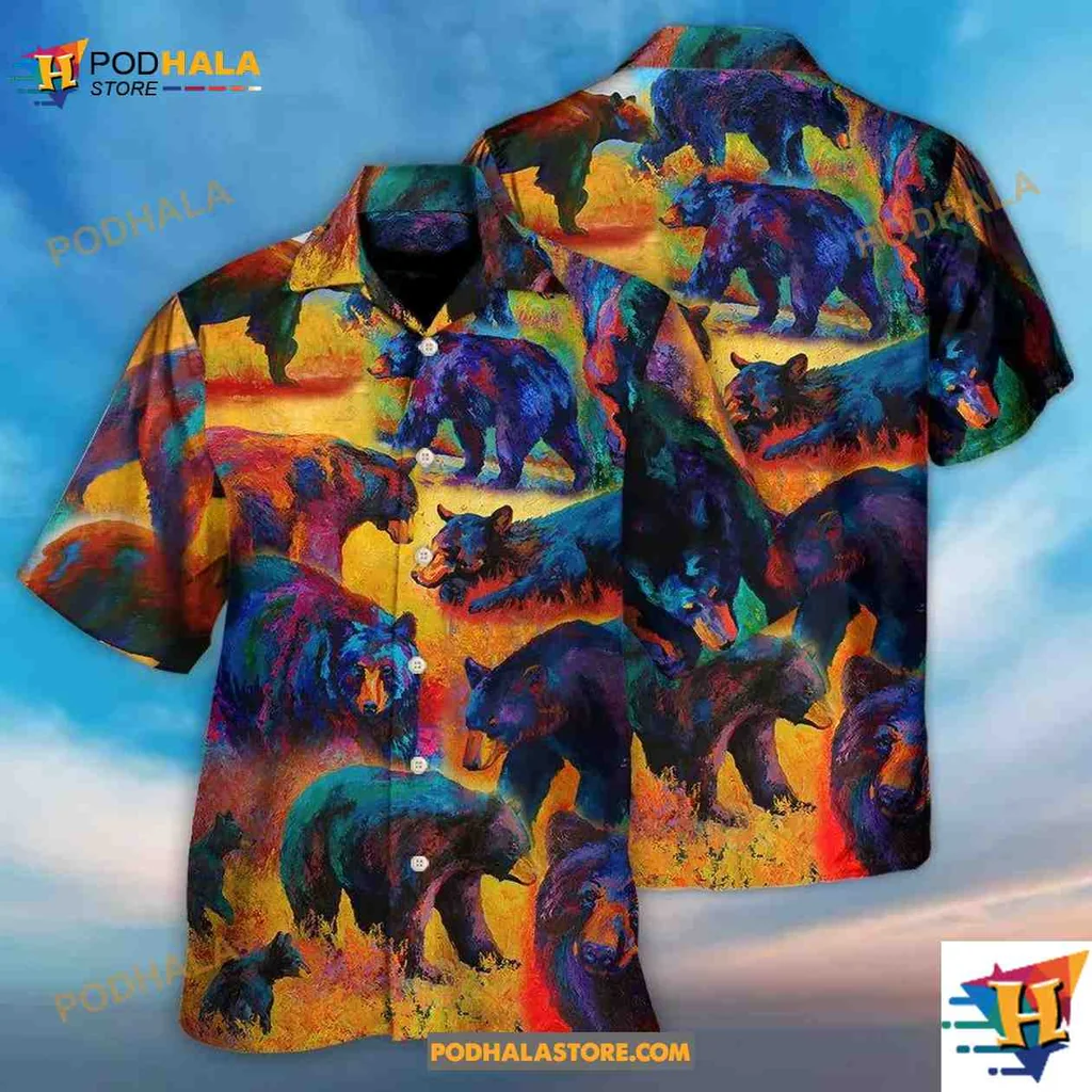 Colorful Bear Aloha Shirt, Vibrant Wildlife Design For Outdoor Lovers Colorful Bear Aloha Shirt, Vibrant Wildlife Design For Outdoor Lovers