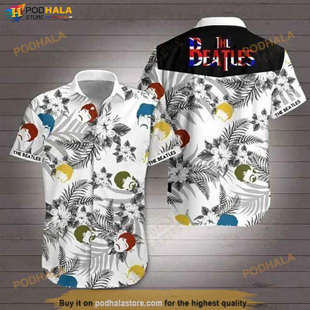 Colorful Beatles Hawaiian Shirt, Vibrant Tropical Design With Flowers And Palm Leaves