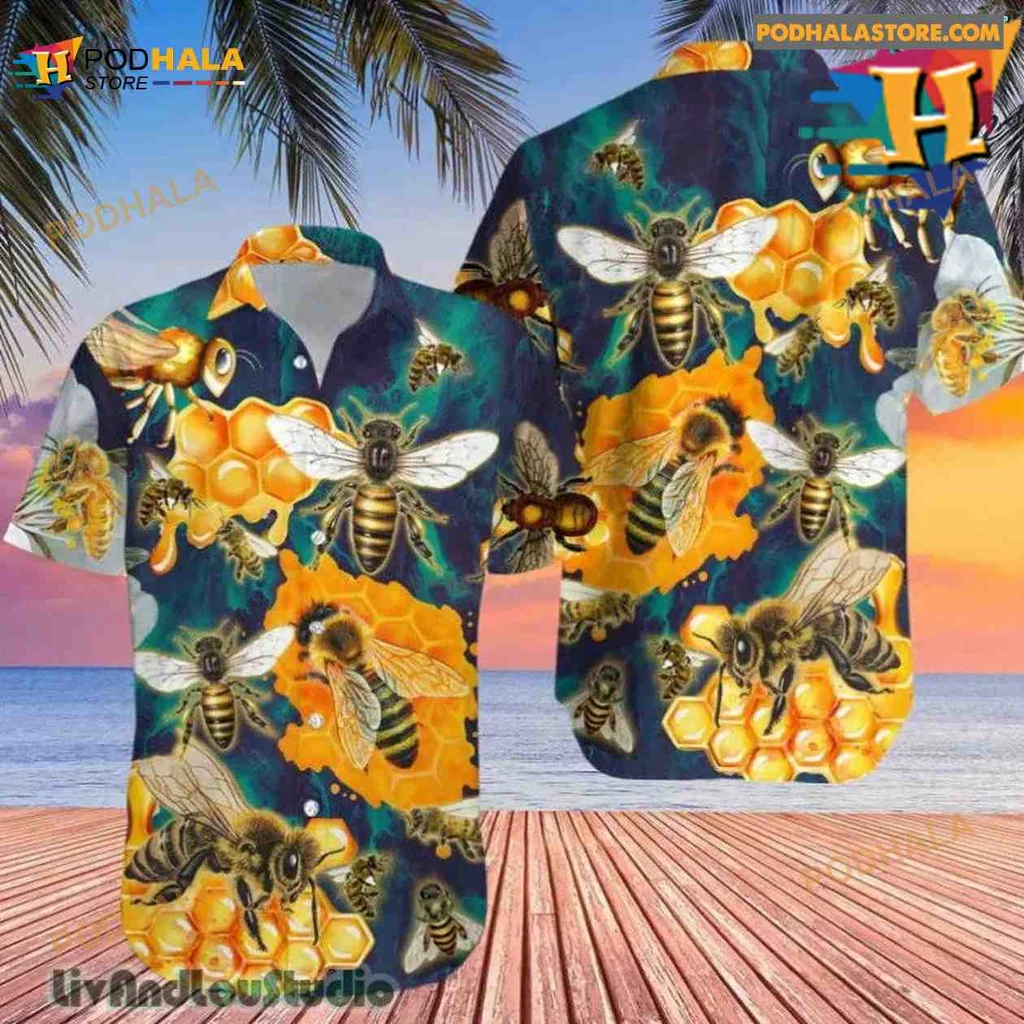 Colorful Bee Hawaiian Shirt With Vibrant Honeycomb Design