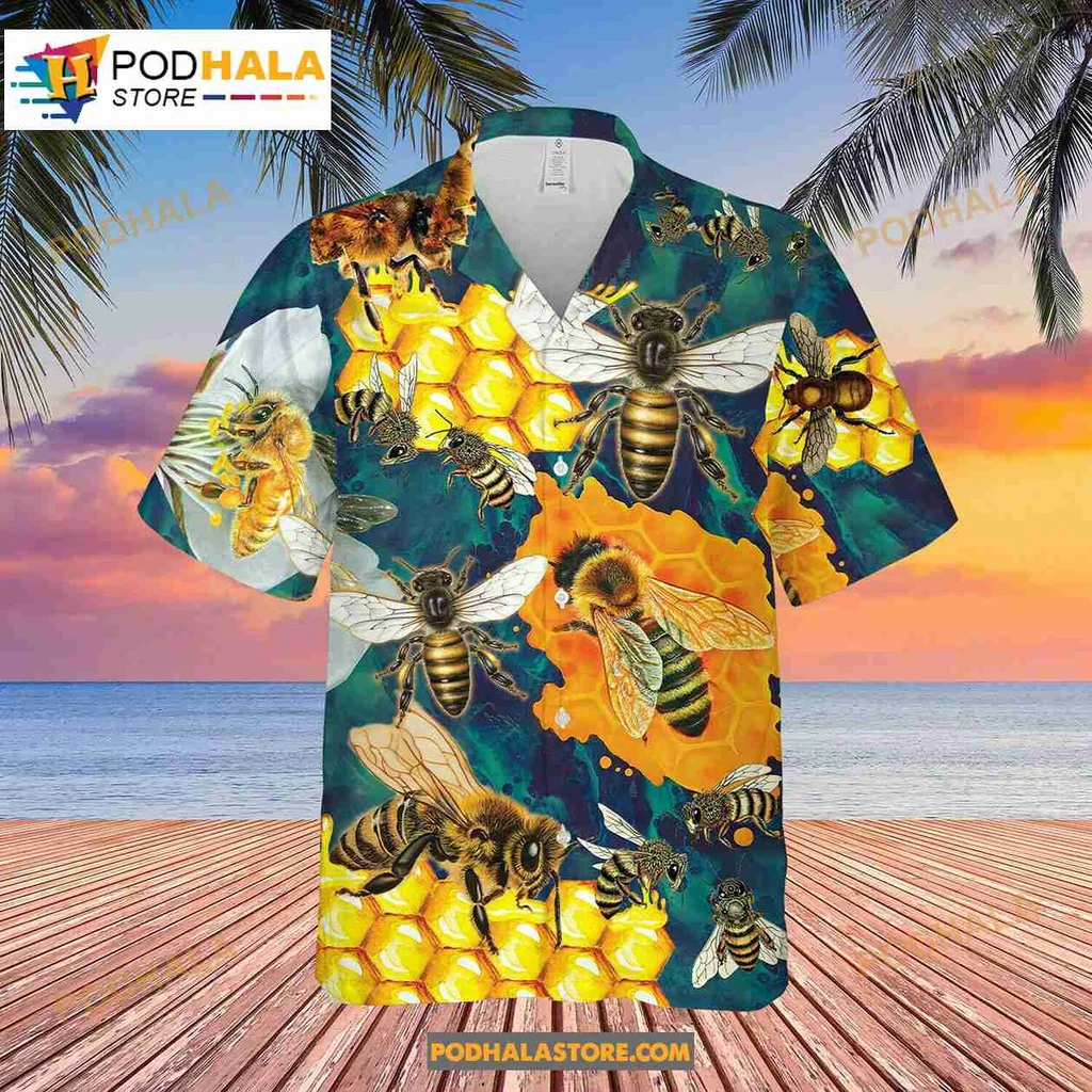 Colorful Bee Honeycomb Hawaiian Shirt, Vibrant Nature Inspired Design