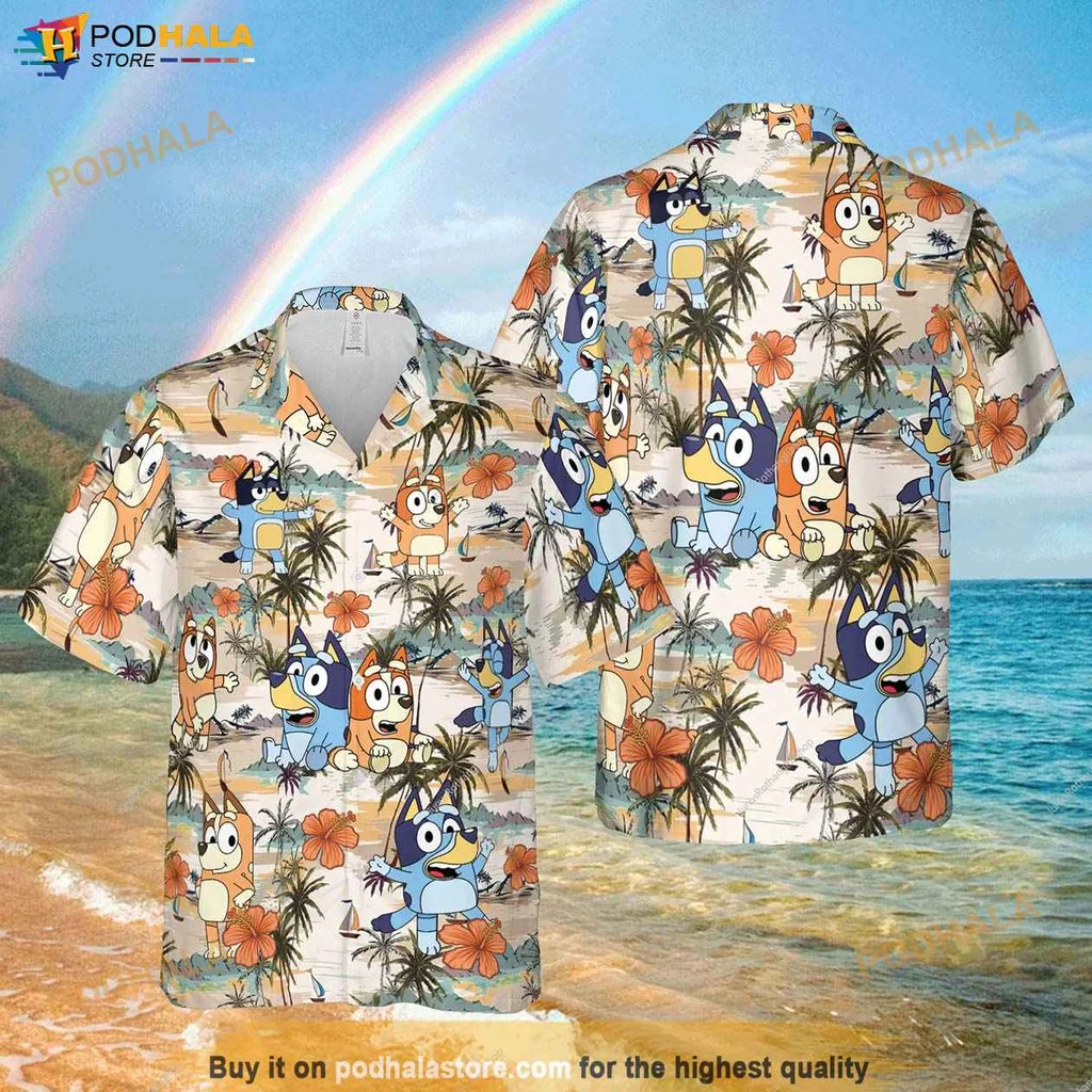 Colorful Bluey Friends Aloha Shirt, Kids Tropical Design Birthday Shirt